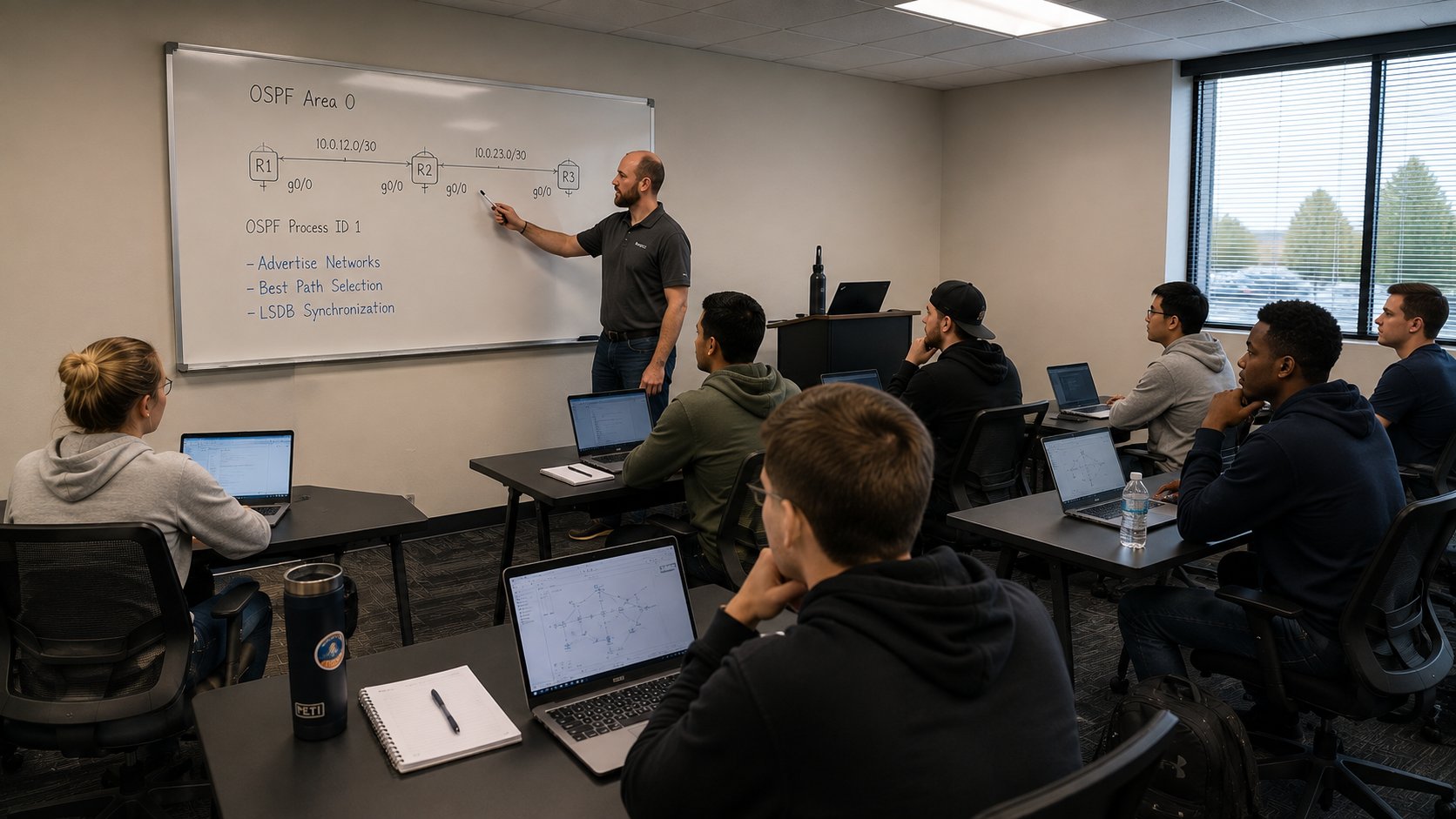 Aula de capacitación en redes dirigida por un instructor, con estudiantes usando computadoras portátiles.