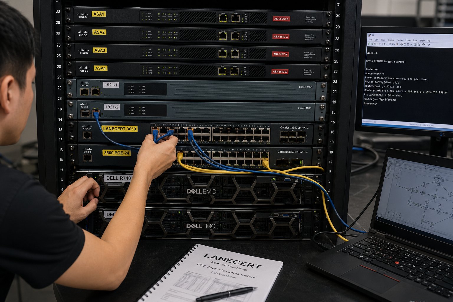 Hands-on networking practice with rack-mounted equipment, cabling, and terminal configuration.
