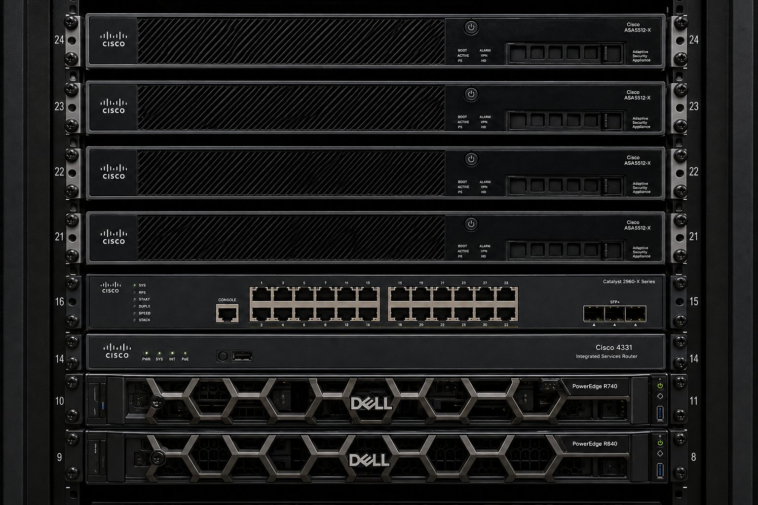 Rack-mounted networking and server equipment used in LaneCert’s lab environment.
